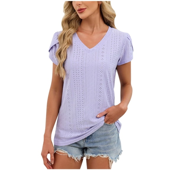 Women Short Petal Sleeves Eyelet Lace Tops V Neck Basic T-Shirts 2026 Trendy Summer Pullovers Business Pleated Tops