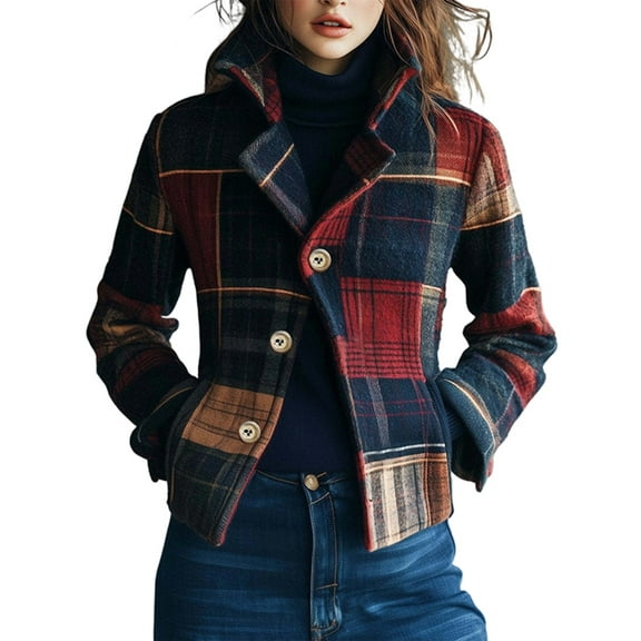 Women Short Plaid Wool Blend Jacket Crop Blazer Pea Coat Crop Winter Outwear S