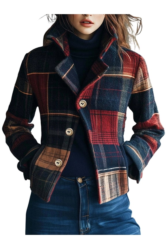 Women Short Plaid Wool Blend Jacket Crop Blazer Pea Coat Crop Winter Outwear XXXL