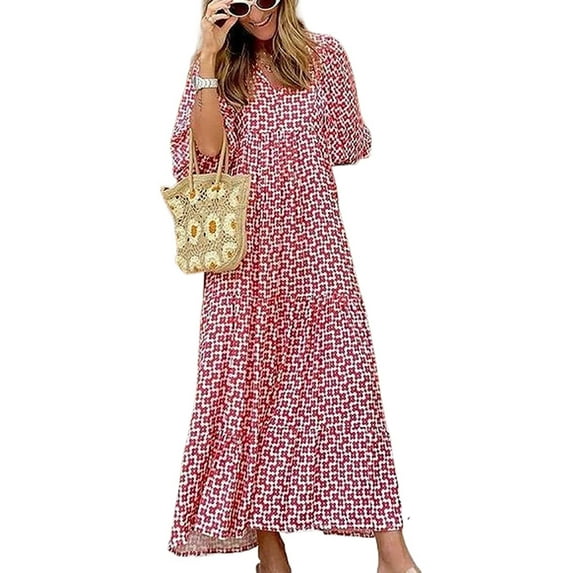 Women Short Puff Sleeve V Neck Maxi Dress Summer Boho Floral Printed Dress Smocked Tiered Flares Sundress