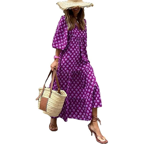 Women Short Puff Sleeve V Neck Maxi Dress Summer Boho Floral Printed Dress Smocked Tiered Flares Sundress