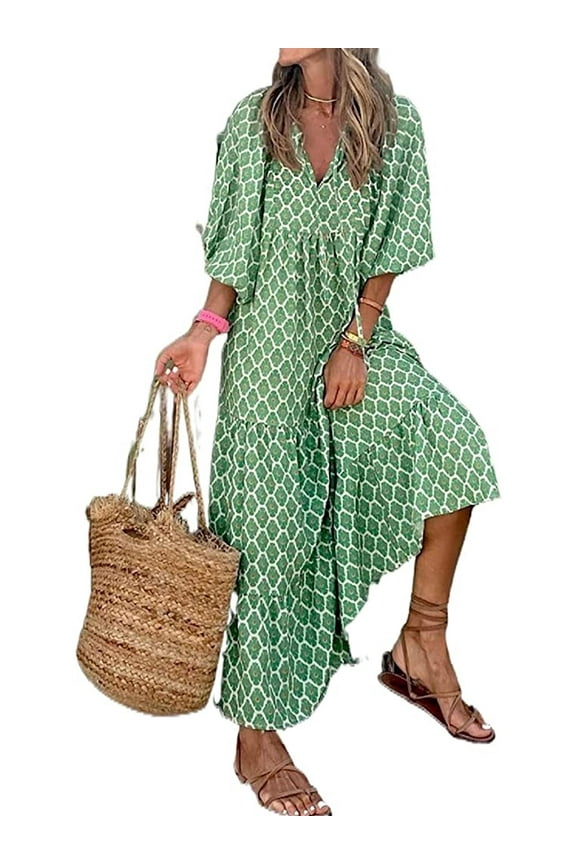 Women Short Puff Sleeve V Neck Maxi Dress Summer Boho Floral Printed Dress Smocked Tiered Flares Sundress
