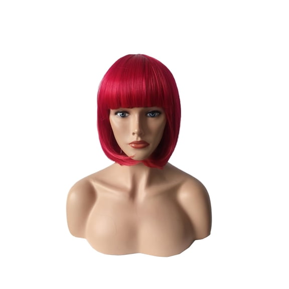 Women Short Red Bob Straight Wig, Multifunction Flat Bangs Cosplay Wig