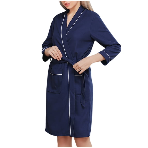 Women Short Robes, Wrap V-Neck Long Sleeve Bathrobe, Female Solid Color Long Sleeve Spa Bathrobe with Belt Sleepwear