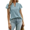 thumbnail image 1 of Women Short Ruffled Sleeves T Shirt V Neck Hollow Out Dots Loose Type Summer Casual Top Light Blue XL, 1 of 6