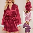 thumbnail image 1 of Women Short Satin Bathrobe, Long Sleeve Fuzzy Cuff Belted Wrap Robe, Elegant Night Loungewear for Bridal Shower Home Sleepwear Wine Robe for Women XL, 1 of 5