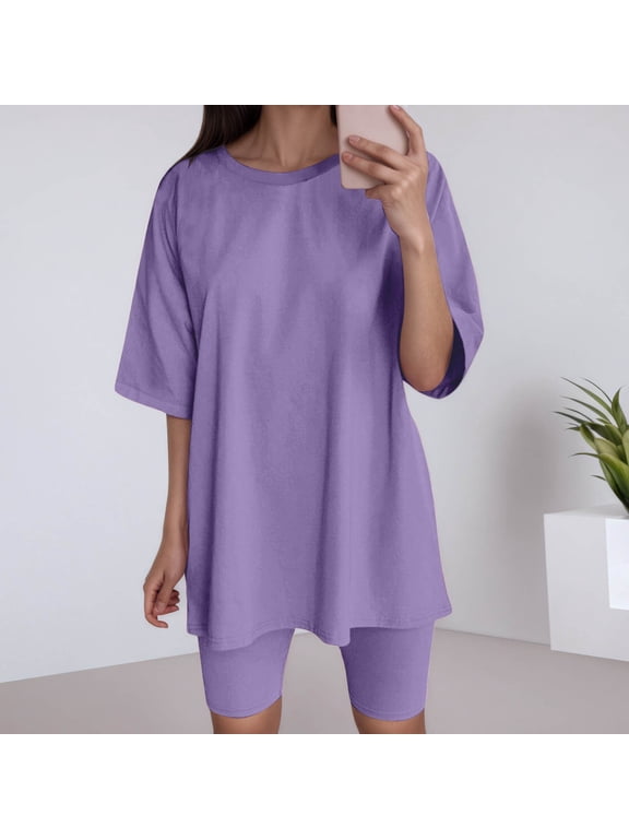 Womens Short Sets 2 Piece Sets Short Sleeve Crew Neck T Shirt & Shorts Summer Clothes Women Outfits