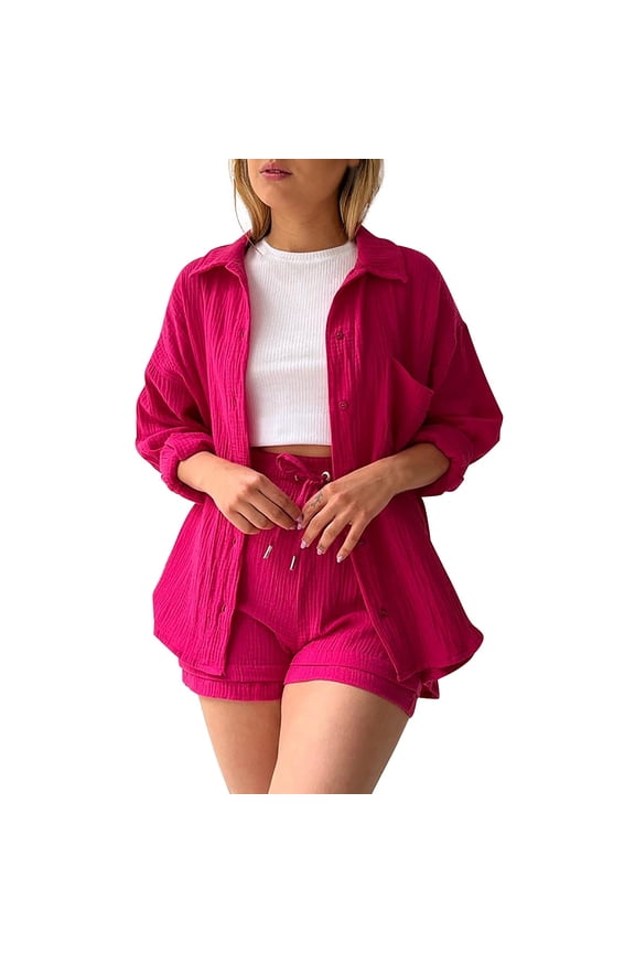 Women Short Set Two Piece Set Button Down Shirt Casual Loose Shorts Womens Spring Outfits Womens Sets