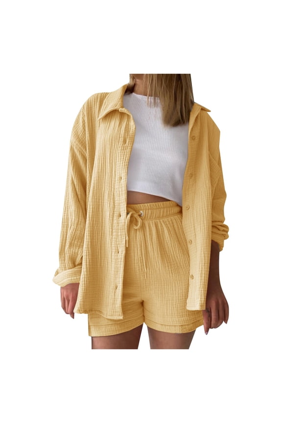 Women Short Set Two Piece Sets Button Down Shirt Top and Shorts Summer Clothes Vacation Essentials