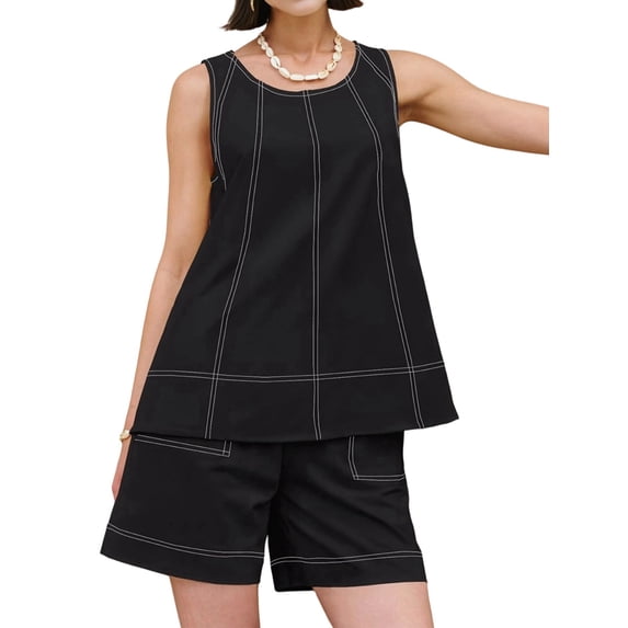 Women Short Sets 2 Piece Vacation Outfits Sleeveless Tank Top and Shorts Matching Set with Pockets Black XXL