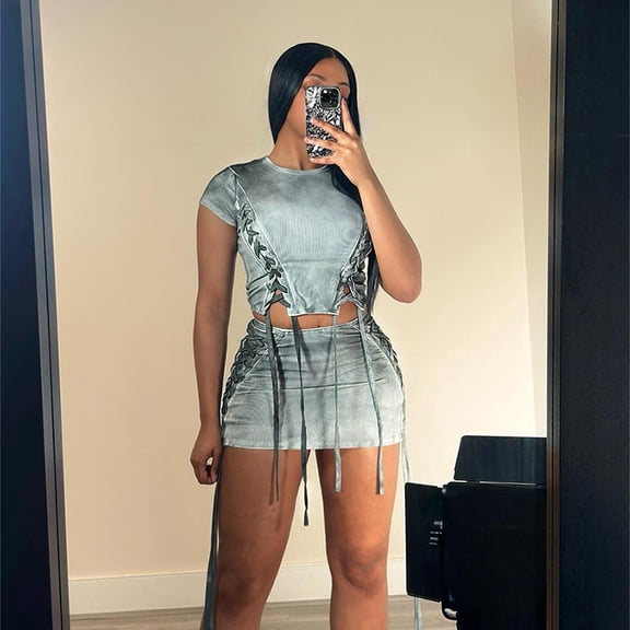 Women Short Skirt Set Drawstring Pleated Ombre Skirt High Waist Slim Fit Top Clothes Set