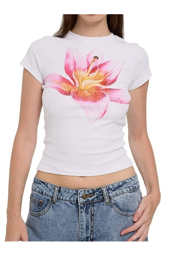 Women Short Sleeve Baby Tee Y2k Flower Graphic Printed Crop Top Slim Fit Crew Neck Tees Pink XL
