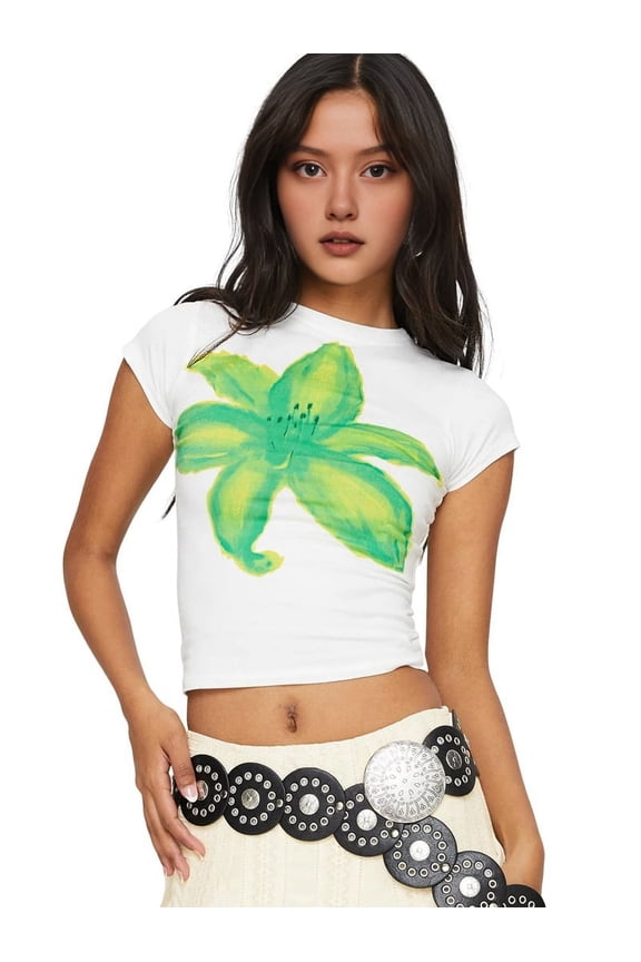 Women Short Sleeve Baby Tee Y2k Flower Graphic Printed Crop Top Slim Fit Crew Neck Tees White S