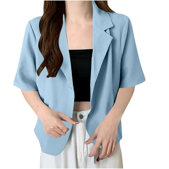 Women Short Sleeve Blazer Notch Lapel Open Front Work Office Cardigan Casual Summer Formal Cropped Blazer Jacket