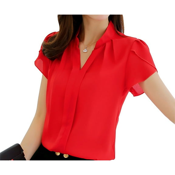 Women Short Sleeve Blouses Shirts Elegant V Neck Summer Korean Fashion Work Casual Tunic Tops
