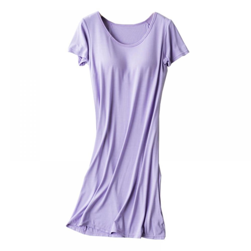 Women Short Sleeve Built-in Bra Padded Long Nightdress Sleepwear