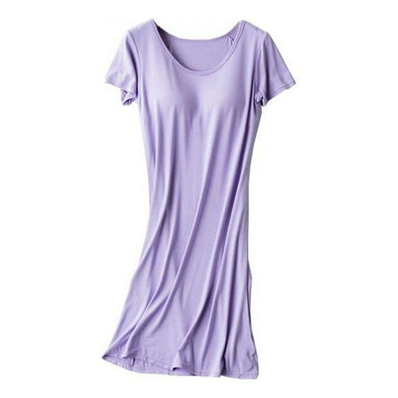 Women Short Sleeve Built-in Bra Padded Long Nightdress Sleepwear Pajamas,Shelf Bra Full Slip Casual Nightgown,Knee Length Comfy Soft Modal Sleep Shirt Night Shirt Dress Solid Sleepwear,Purple S-2XL