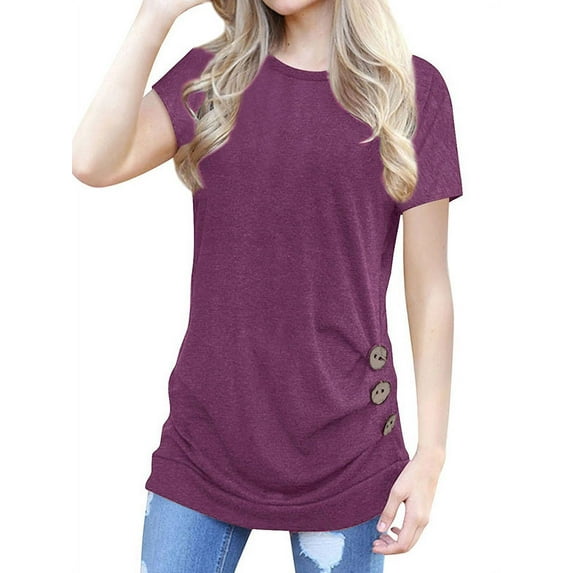 Women Short Sleeve Button Décor Solid Color Shirt Blouse Tops