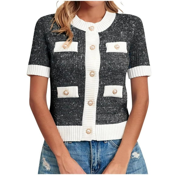 Women Short Sleeve Button Down Cardigans Sweater Fashion Cropped Top Crew Neck Elegant Knit Tops with Pockets