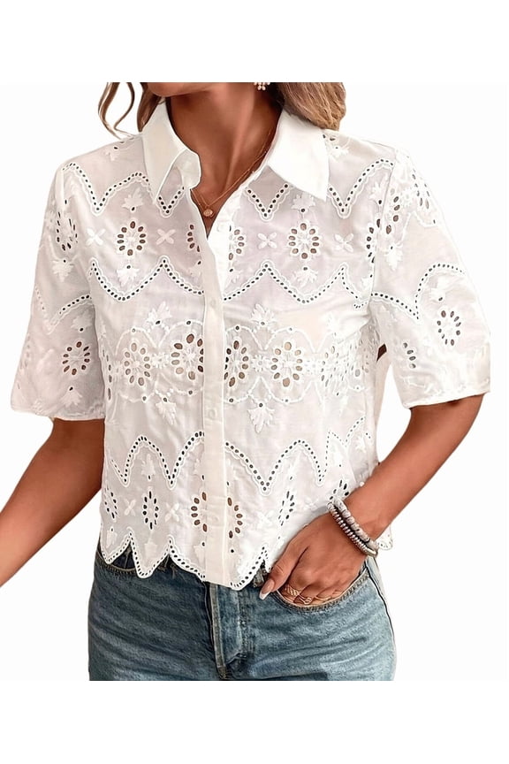 Women Short Sleeve Button Down Collared Blouses Embroidery Eyelet Top White L