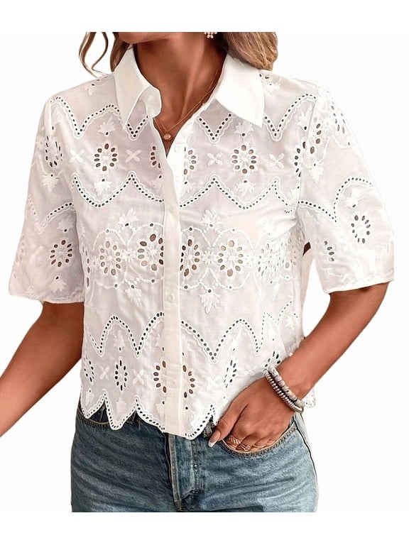 Women Short Sleeve Button Down Collared Blouses Embroidery Eyelet Top White L