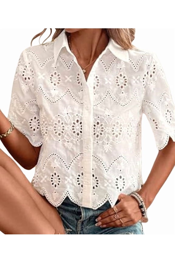 Women Short Sleeve Button Down Collared Blouses Embroidery Eyelet Top White S