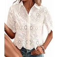 thumbnail image 1 of Women Short Sleeve Button Down Collared Blouses Embroidery Eyelet Top White XXL, 1 of 8