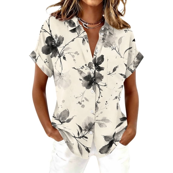 Women Short Sleeve Button Down Shirt Floral Print Casual Loose Fit Blouse Lightweight Turn Collar Top Gray XL