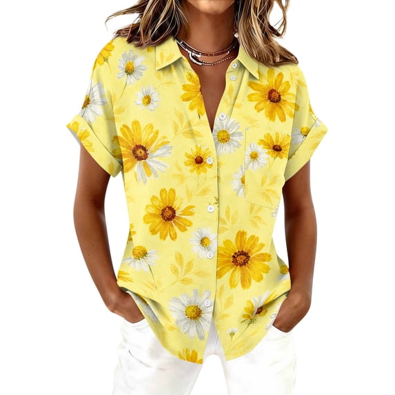Women Short Sleeve Button Down Shirt Floral Print Casual Loose Fit Blouse Lightweight Turn Collar Top Yellow L