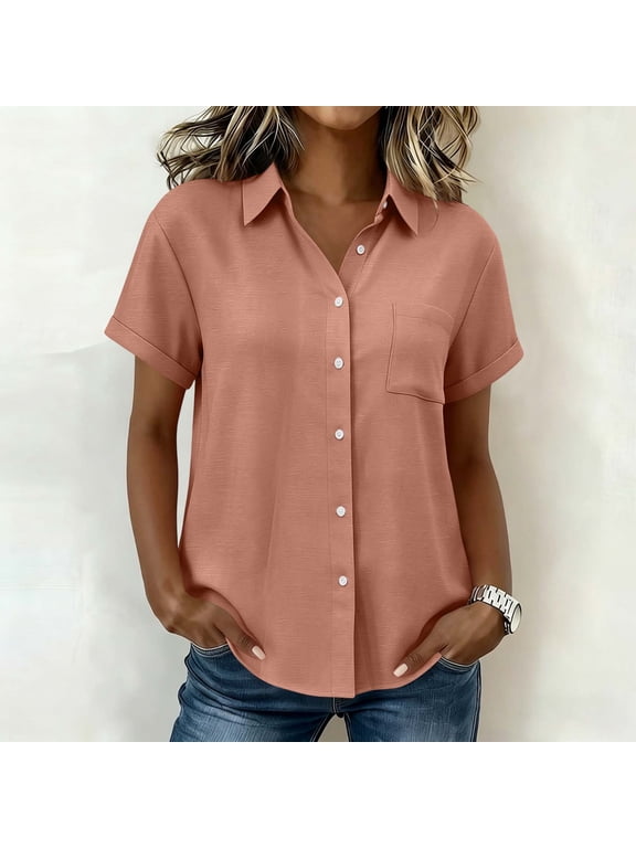 Women Short Sleeve Button Down Shirts Casual Tops Loose Fit Collared Blouses with Pockets