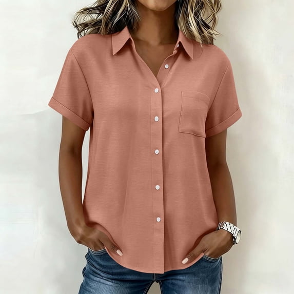 Women Short Sleeve Button Down Shirts Casual Tops Loose Fit Collared Blouses with Pockets
