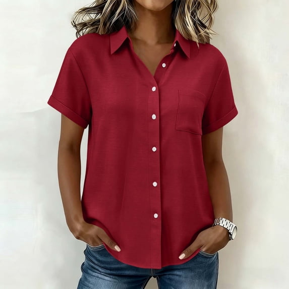 Women Short Sleeve Button Down Shirts Casual Tops Loose Fit Collared Blouses with Pockets