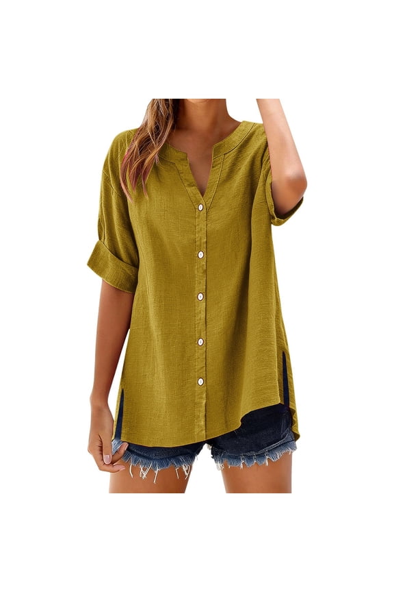 Women Short Sleeve Button Up Shirt, Loose Cotton Linen Top for Summer Daily Wear by Gbobgt Gold XXL
