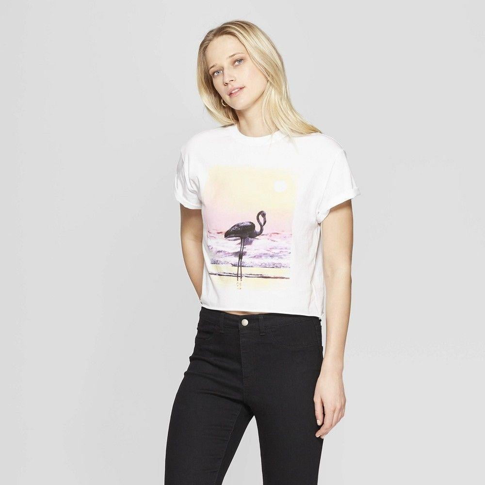 Women Short Sleeve California Flamingo Cropped T-Shirt Grayson Threads Juniors L