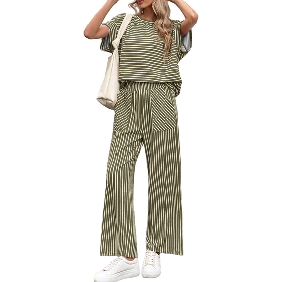 Women Short Sleeve Casual 2 Piece Sets Stripe Print Shirt Tops and Wide Leg Pants Lounge Sets