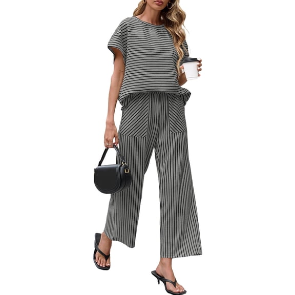 Women Short Sleeve Casual 2 Piece Sets Stripe Print Shirt Tops and Wide Leg Pants Lounge Sets