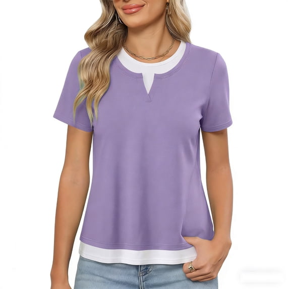 Women Short Sleeve Color Block T Shirts Casual Crewneck Mock Double Layer T-Shirt Summer Tops