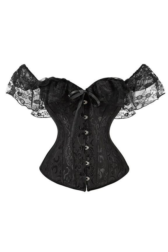 Women Short Sleeve Corset Overbust Corset Sexy Solid Tie-Up Boat Neck Lace Close-Fitting Crop Bustier Corset Lingerie Female Top
