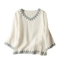 thumbnail image 1 of Women Short Sleeve Cotton Linen Tops Summer Crew Neck Embroidery T-Shirt Blouse Casual Loose Shirts, 1 of 2