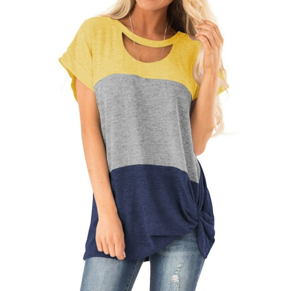 Women Short Sleeve Crew Neck Cutout Colorblock Twisted Hem Top