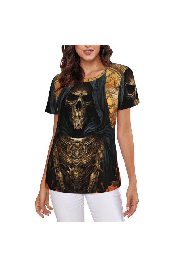 Women Short Sleeve Crew Neck Tops T-Shirts Summer Tee, Cool Death Skull Grim Reaper Art
