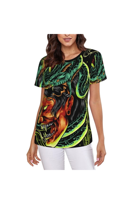 Women Short Sleeve Crew Neck Tops T-Shirts Summer Tee, Devil Snake Demon Japanese
