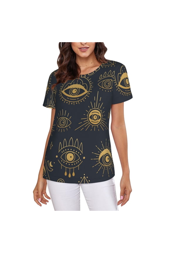 Women Short Sleeve Crew Neck Tops T-Shirts Summer Tee, Gold Evil Eye