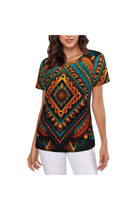 Women Short Sleeve Crew Neck Tops T-Shirts Summer Tee, Indian Tribal Ethnic Native