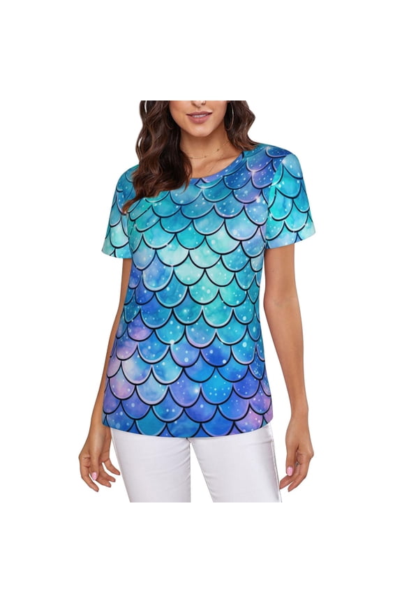 Women Short Sleeve Crew Neck Tops T-Shirts Summer Tee, Mermaid Scales Fish Scale Blue