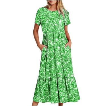 Women Short Sleeve Crewneck Dress Loose Sparkle Casual Summer Flowy Tiered Long Maxi Dresses Beach Dresses with Pockets