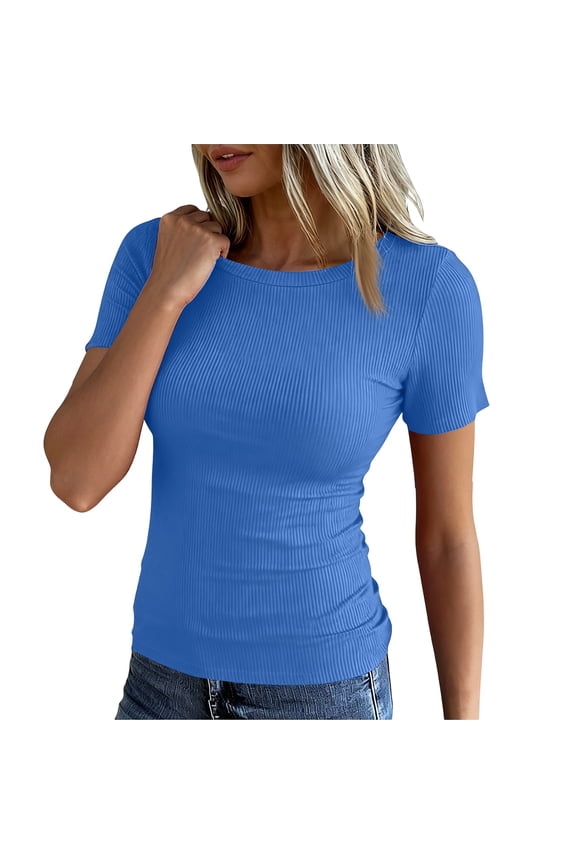 Women Short Sleeve Crewneck Ribbed Knit Slim Fitted Shirts Summer Tops Basic Tee Casual 2026 Fall Outfits Clothes Blue L