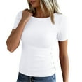thumbnail image 1 of Women Short Sleeve Crewneck Ribbed Knit Slim Fitted Shirts Summer Tops Basic Tee Casual 2026 Fall Outfits Clothes White L, 1 of 4