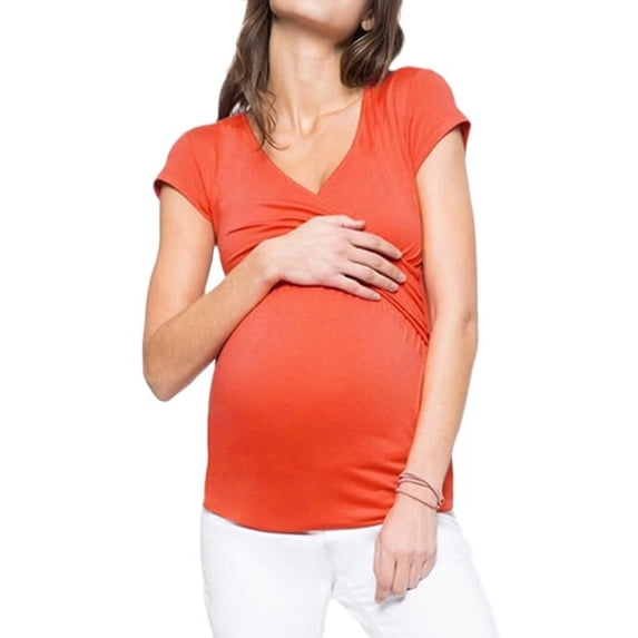 Women Short Sleeve Criss V Neck Maternity Breastfeeding T Shirt Stretchy Postpartum Shirt Orange M
