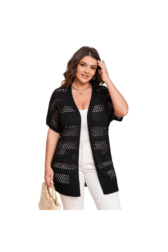 Women Short Sleeve Crochet Cardigan Plus Size, Open Front Knit Cover-Up